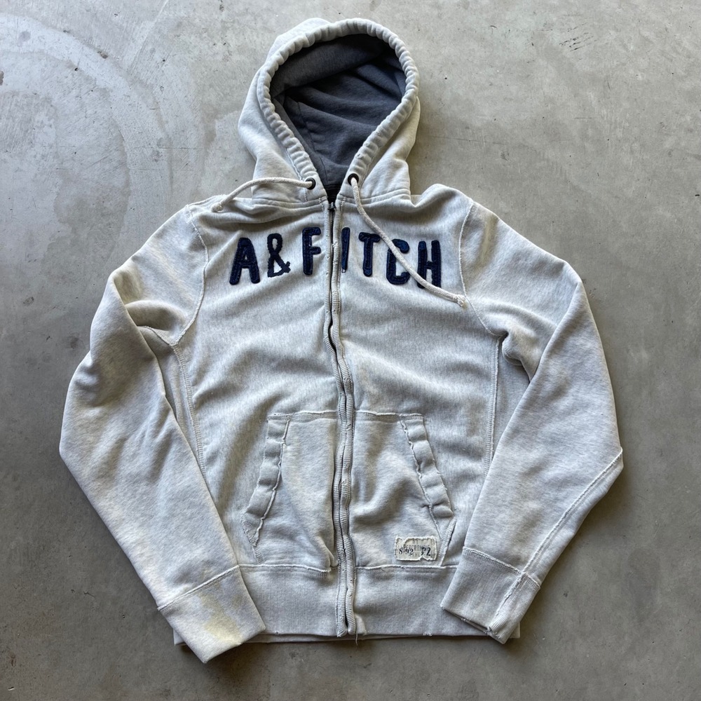 Abercrombie & Fitch Mens XXL Gray Full Zip Hoodie Navy Logo Distressed Vintage